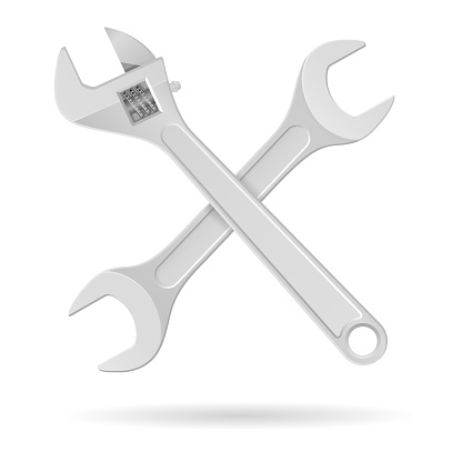 Spanner and adjustable wrench. Metal tools. Vector 3d illustration isolated on white background