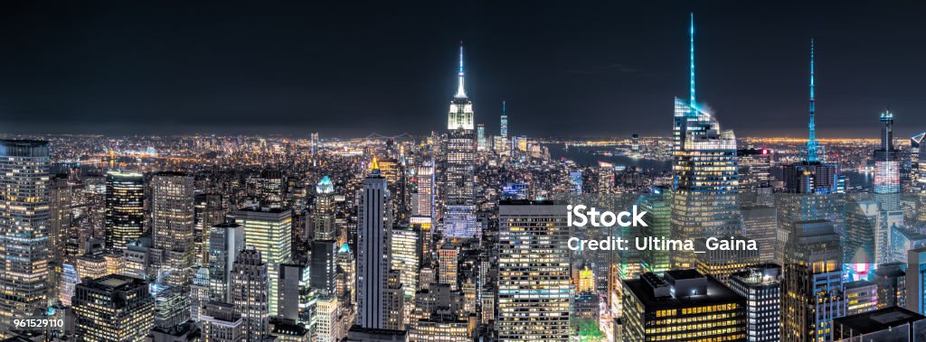 Aerial view over New York City Aerial view over New York City by night New York City Stock Photo