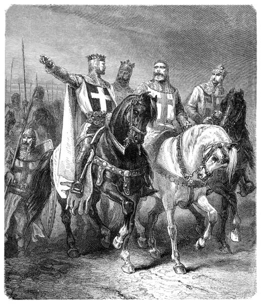 illustrazioni stock, clip art, cartoni animati e icone di tendenza di quattro cavalieri leader della prima illustrazione di crociata 1881 - crociate