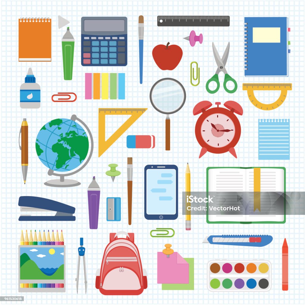 School supplies and items set on a sheet in a cell. Back to school equipment. Education workspace accessories on white background School supplies and items set on a sheet in a cell. Back to school equipment. Education workspace accessories on white background. Infographic elements. Vector illustration. Education stock vector