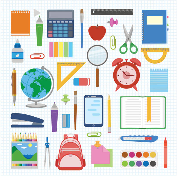 School supplies and items set on a sheet in a cell. Back to school equipment. Education workspace accessories on white background School supplies and items set on a sheet in a cell. Back to school equipment. Education workspace accessories on white background. Infographic elements. Vector illustration. stationary stock illustrations