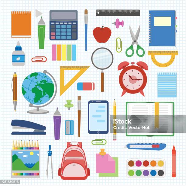 School Supplies And Items Set On A Sheet In A Cell Back To School Equipment Education Workspace Accessories On White Background Stock Illustration - Download Image Now