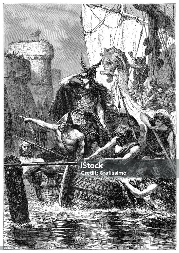 Normans or vikings on river Seine attacking Paris 845 Normans or vikings under command of Duke Reginher or Raginerus in march 845 with fleet of 120 ships on river Seine attacking Paris
Drawing : A. de Neuville
Source : Illustrierte Geschichte 1881 Viking stock illustration