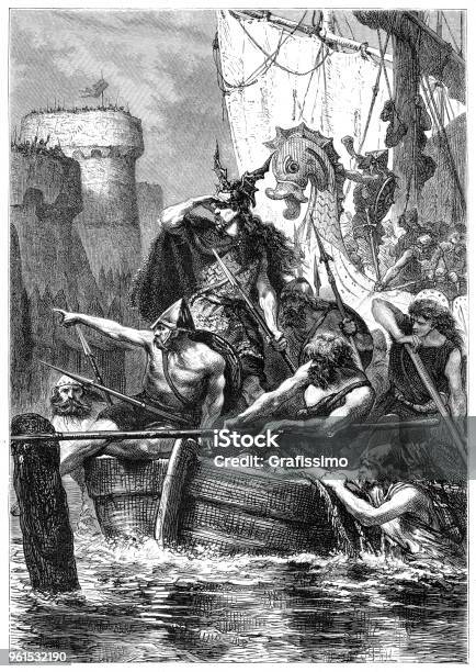 Normans Or Vikings On River Seine Attacking Paris 845 Stock Illustration - Download Image Now