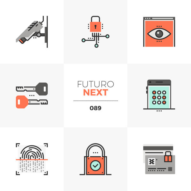 ilustraciones, imágenes clip art, dibujos animados e iconos de stock de privacidad protección futuro siguiente iconos - fingerprint lock order accessibility