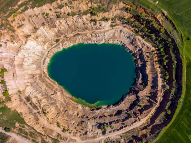 Aerial view of a crater of a minig pit stock photo