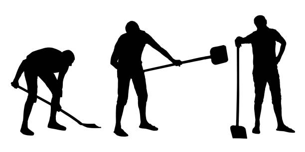 Vector silhouettes set of a man digging with a shovel. Vector silhouettes set of a man digging with a shovel. farmer silhouettes stock illustrations