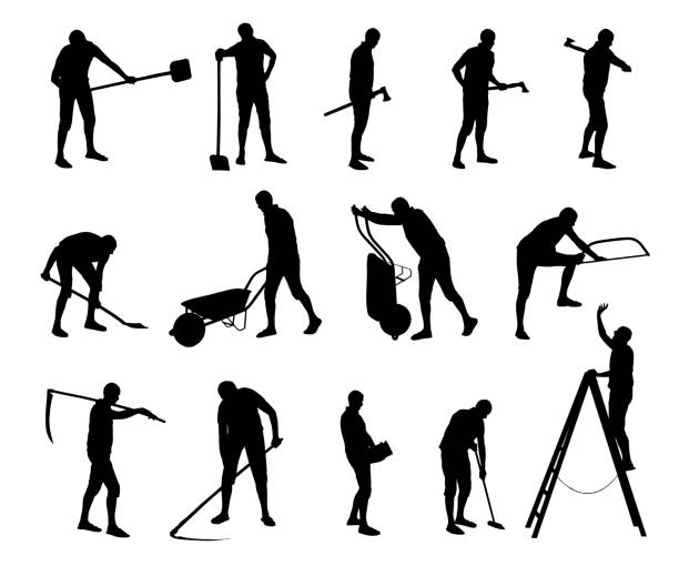 ilustraciones, imágenes clip art, dibujos animados e iconos de stock de conjunto de vector de los trabajadores no calificados de la construcción y mantenimiento. - construction worker silhouette people construction