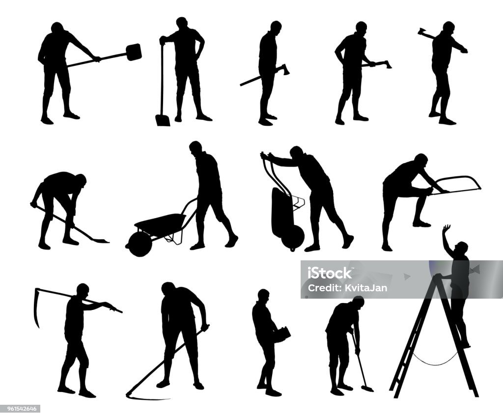 Vector set of unskilled construction and maintenance workers. In Silhouette stock vector