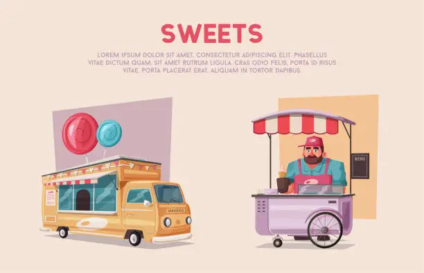 Vector illustration of Street food or fast food hawker vendor truck. Cartoon vector illustration