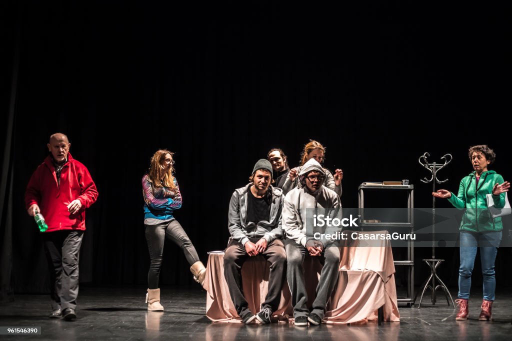 Actors Rehearsing On Stage Theatrical Performance Stock Photo