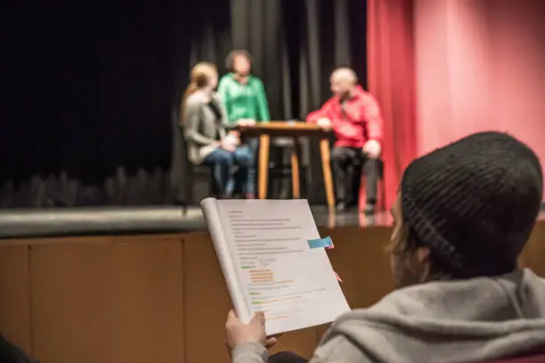 Actor Reading Script During Theatrical Rehearsal.