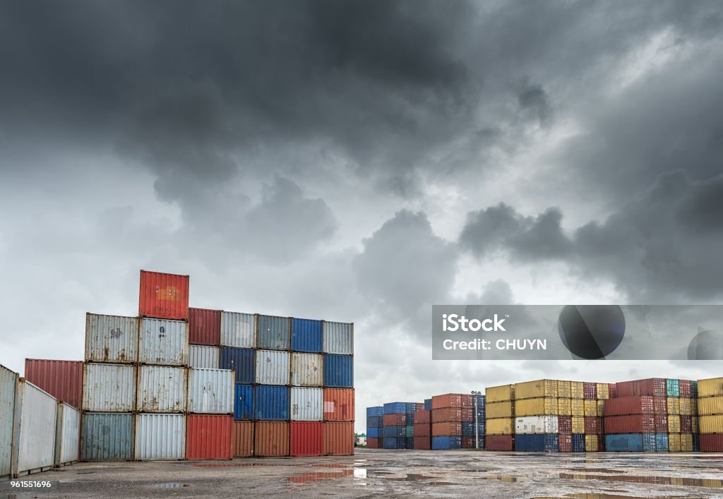 Containers Containers lot in a rainy day in Miami. Storm Stock Photo