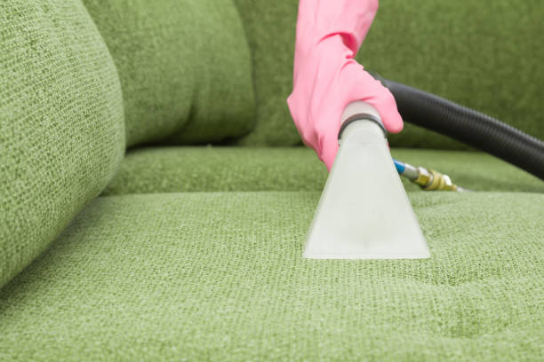 istock Dry cleaner's employee hand cleaning a green sofa with professionally extraction method. Textile upholstered furniture. Early spring regular cleanup. Commercial cleaning company. Service concept. 961553442