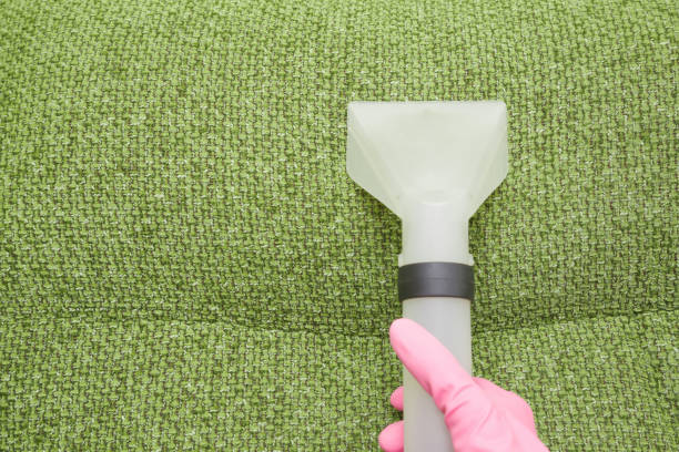 istock Dry cleaner's employee hand cleaning a green sofa with professionally extraction method. Textile upholstered furniture. Early spring regular cleanup. Commercial cleaning company. Service concept. 961553528
