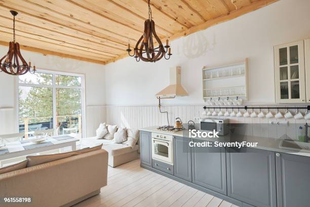 Scandinavian Dining Room Interior Stock Photo - Download Image Now - Kitchen, Modern, White Color
