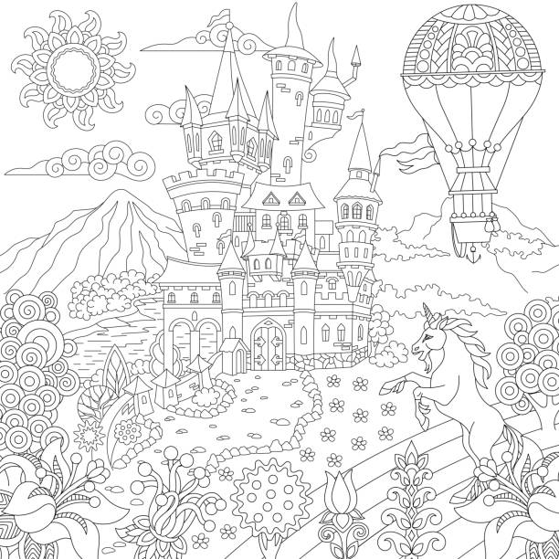 Magic fairytale landscape Coloring page of fairytale landscape with vintage castle, unicorn, flowers, hot air balloon. Freehand sketch for adult coloring book. unicorn coloring pages stock illustrations