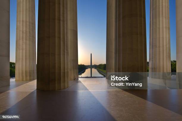 Sunrise Washington Monument Viewed From Lincoln Memorial In Washington Dc Usa Stock Photo - Download Image Now