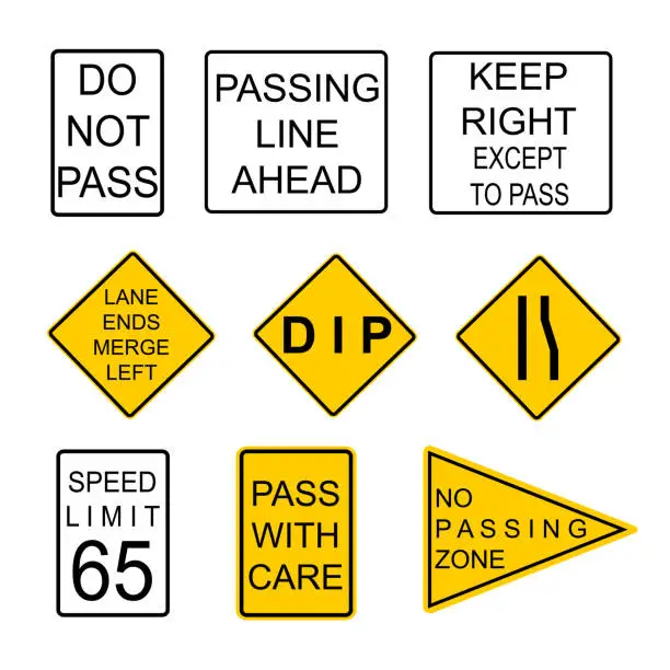 Vector illustration of Set of road signs. USA. Road symbols. Vector icon.