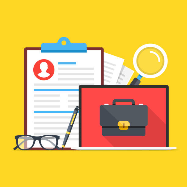 ilustrações de stock, clip art, desenhos animados e ícones de job search, career opportunity. clipboard with cv, cover letter, application form, magnifying glass, pen, glasses and laptop with briefcase on screen. modern concept. flat design. vector illustration - group of objects business human resources laptop