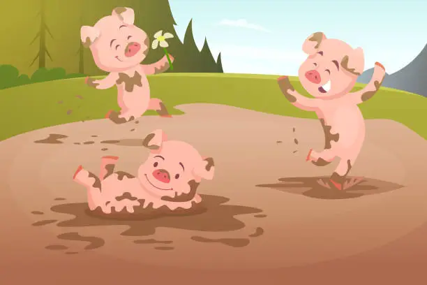 Vector illustration of Kids pigs playing in dirty puddle