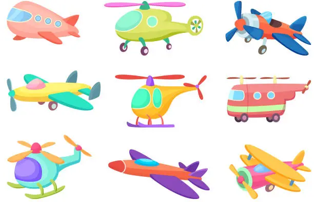 Vector illustration of Illustrations of aeroplanes in cartoon style. Various toys for kids