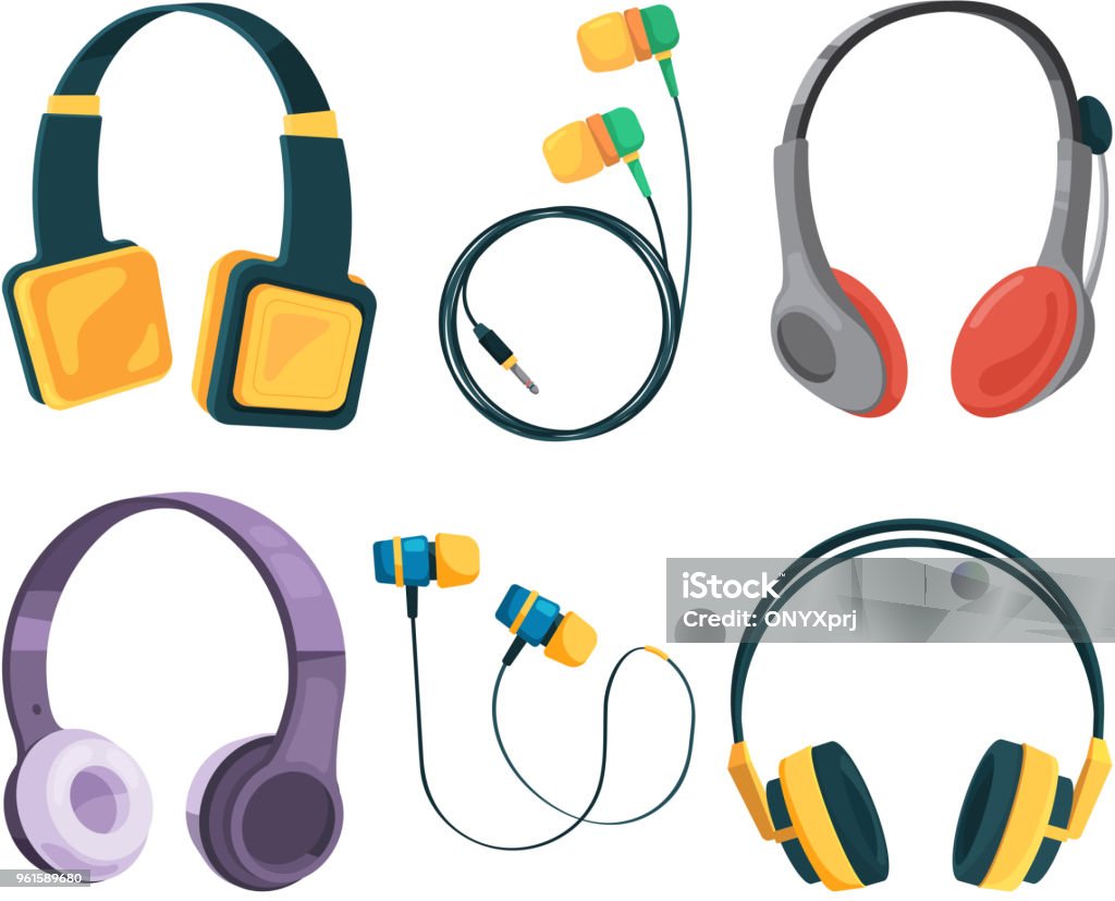 Vector collection set of different headphones. Illustrations in cartoon style Vector collection set of different headphones. Illustrations in cartoon style. Equipment headset and stereo headphone, gadget accessory Headphones stock vector