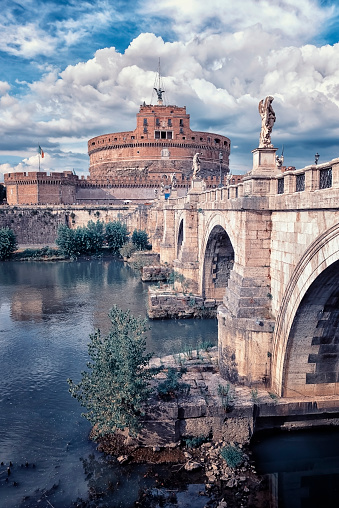 September 2017 - Rome, Italy - Castle Sant' Angelo and the Ponte Sant'Angelo a roman bridge in Rome viewed in daytime