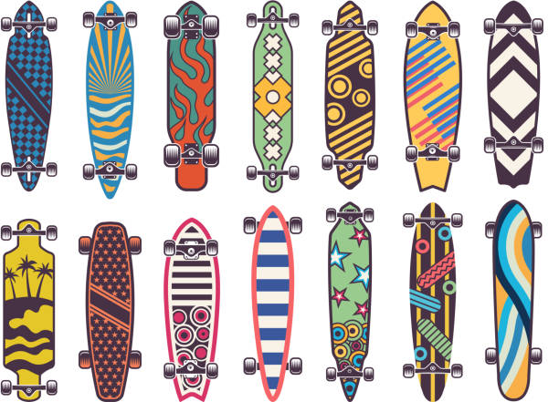 Vector colored illustrations on skateboards Vector colored illustrations on skateboards. Color skateboard and skate board for extreme sport skateboard stock illustrations