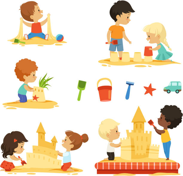 aktive kinder im sandkasten spielen. glückliche zeichen zu isolieren - child playground small toy stock-grafiken, -clipart, -cartoons und -symbole