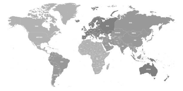 karte der welt. politische karte aufgeteilt auf sechs kontinenten - nordamerika, südamerika, afrika, europa, asien und australien. vektor-illustration in grautönen mit land namensetiketten - world map map vector countries stock-grafiken, -clipart, -cartoons und -symbole