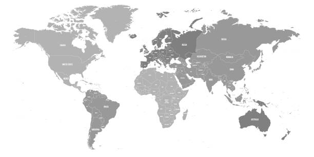 Map of World. Political map divided to six continents - North America, South America, Africa, Europe, Asia and Australia. Vector illustration in shades of grey with country name labels Map of World. Political map divided to six continents - North America, South America, Africa, Europe, Asia and Australia. Vector illustration in shades of grey with country name labels. labeling stock illustrations