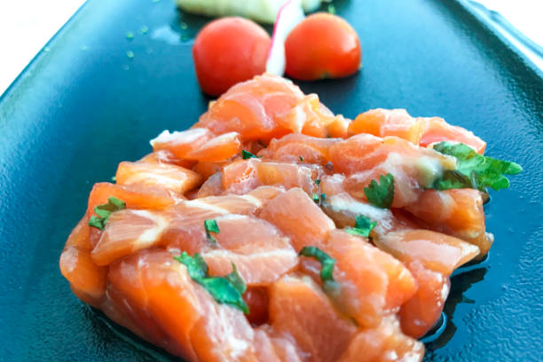 istock tartare with salmon on a black plate. 961599652