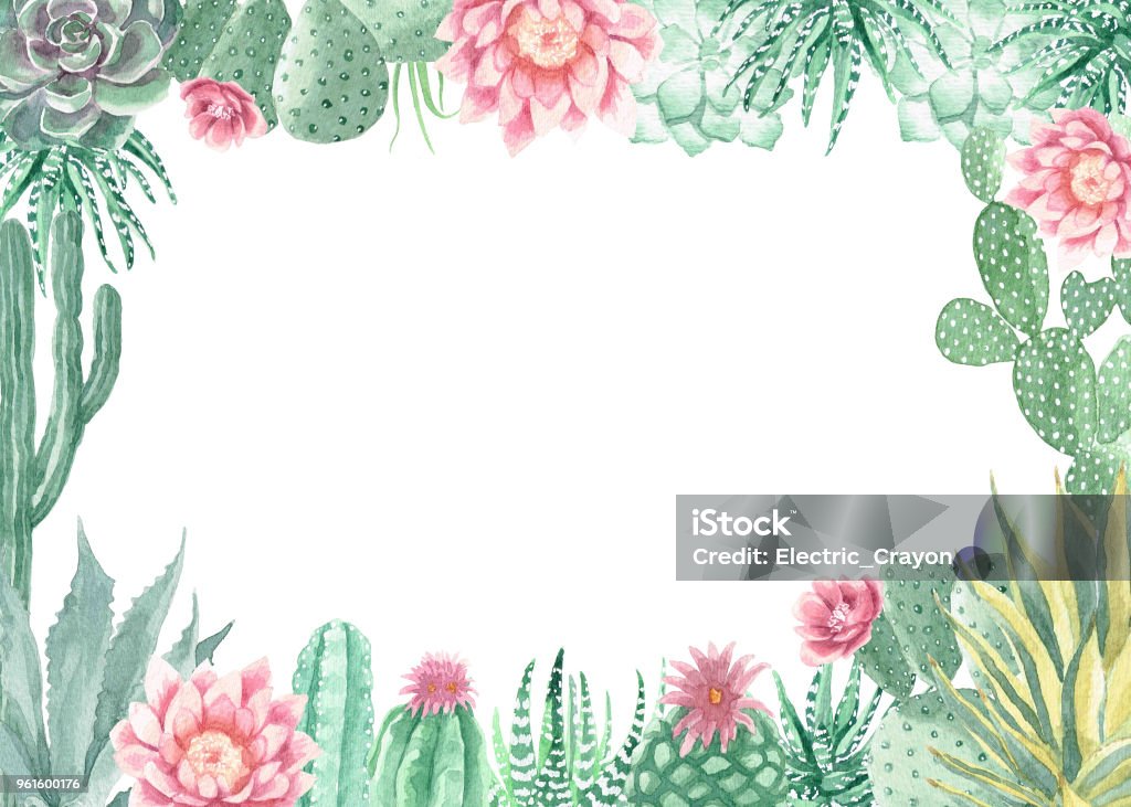 Watercolor Cactus and Succulents Frame Watercolor Cactus and Succulents Frame Bouquet Arrangement Border - Frame stock illustration