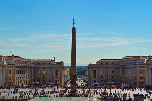 St. Peter's Square (Piazza San Pietro) with Vatican Obelisk at the center from St. Peter's Basilica, in the Vatican City. Rome, Italy
