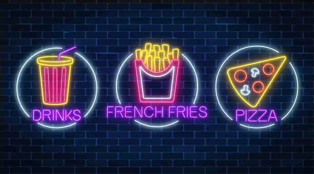 illustrazioni stock, clip art, cartoni animati e icone di tendenza di set di tre segni luminosi al neon di patatine fritte, pezzo di pizza e bevanda alla soda in cornici a cerchio. - beer backgrounds nobody bright