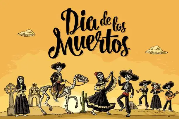 Vector illustration of Skeleton Mexican costumes dance and play the guitar, violin, trumpet.