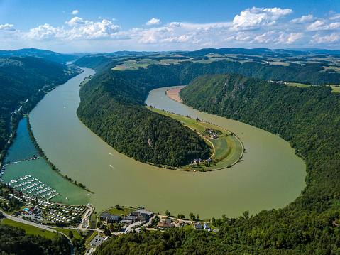 Famous Schloegener Schlinge (a unique river bend) at the Danube in the Upper Danube Valley of Upper Austria.