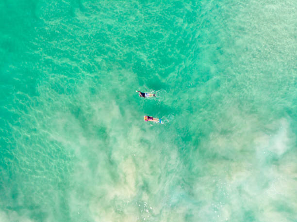 australian coastline with surfers - cabarita beach imagens e fotografias de stock