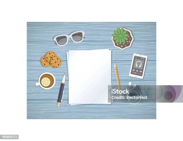 Blank Sheets Of Paper On The Desktop Top View Of Paper Pen Pencil Smartphone Running The Music Player Headphones Sunglasses Tea With Lemoncookies Stock Illustration - Download Image Now