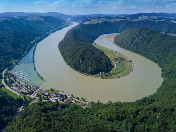 Famous Schloegener Schlinge (a unique river bend) at the Danube in the Upper Danube Valley of Upper Austria.