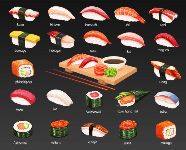 ilustraciones, imágenes clip art, dibujos animados e iconos de stock de vector conjunto de sushi. - sashimi