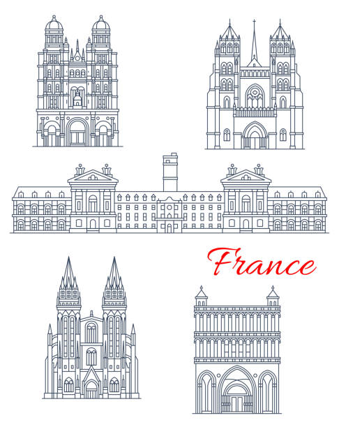 Travel landmark of France architecture icon Travel landmark of France icon of architectural tourist sight. Palace of the Dukes and Estates of Burgundy, Cathedral of St Corentin and Dijon Cathedral, Notre Dame of Dijon and Church of Saint Michel dijon stock illustrations