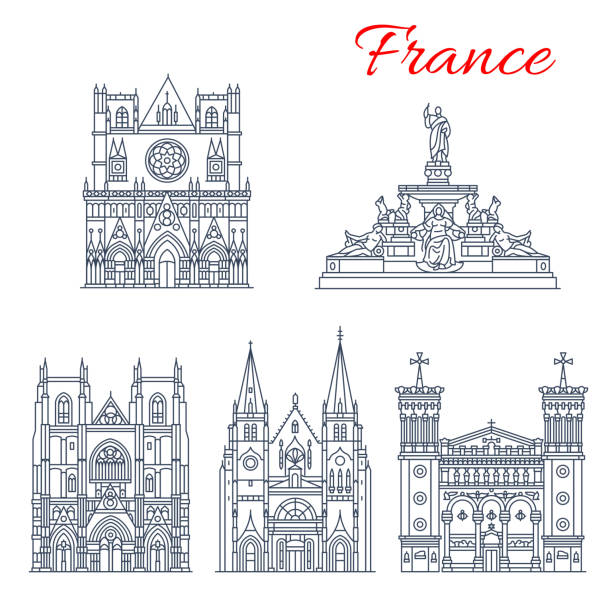 French travel landmark icon of European Churches French travel landmark icon set of European architecture. Fountain at Royal square, Nantes Cathedral and Basilica of Notre Dame de Fourviere, Lyon Cathedral and St Nizier Church nantes stock illustrations