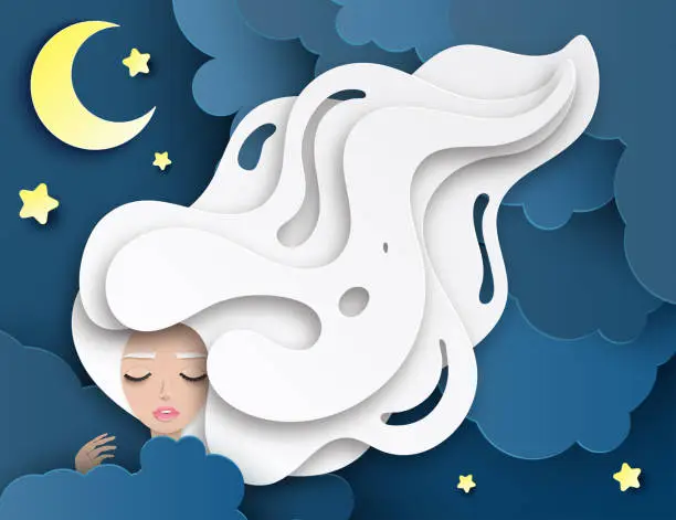 Vector illustration of Vector portrait of sleeping young beautiful woman with long wavy hair. Fluffy paper clouds, moon and stars. Sweet dreams concept. Modern digital paper layered art. Origami style.