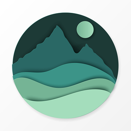 Paper landscape with hills, mountains, moon. Ecology, world environment concept. Paper art modern style