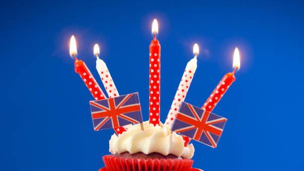 Red white and blue theme cupcakes and cake stand with UK Union Jack flags