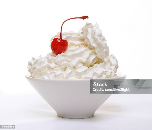 Cream And Cherry Stock Photo - Download Image Now - Whipped Cream, Cup, White Background