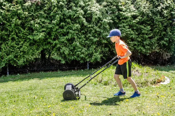 Photo of Little boy using manual lawn mower in back yard during summer day