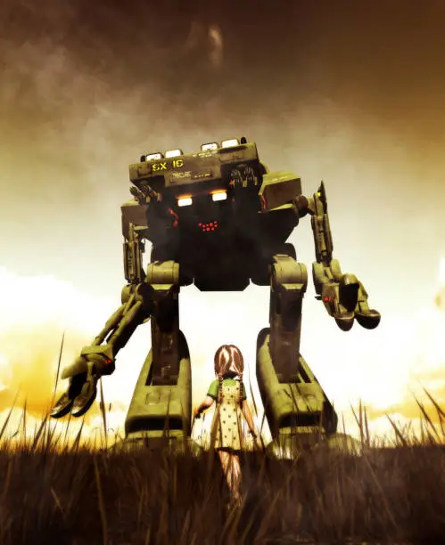 Girl looking to a giant robot in front of her,3d illustration,day scene